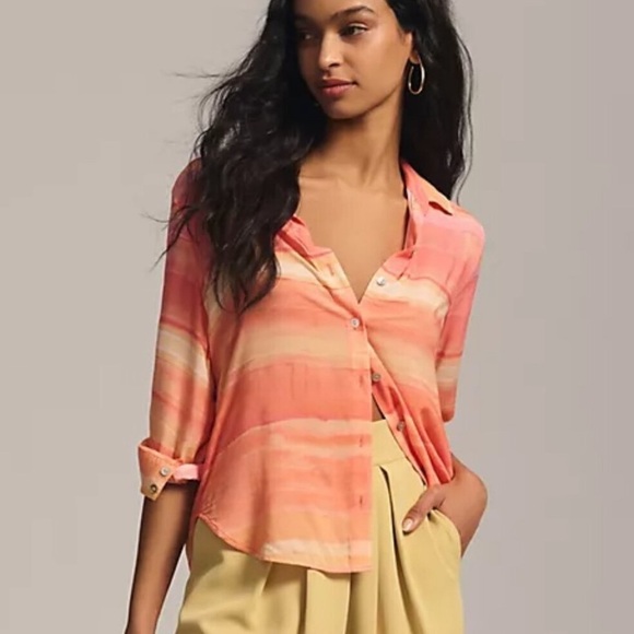 NWT Cloth & Stone Anthropologie Orange Printed Striped Button Down Shirt Size XS - Picture 1 of 11